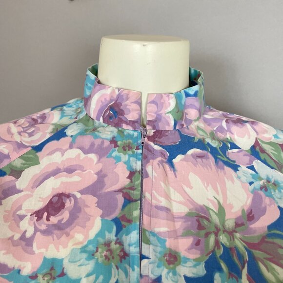 Vintage Handmade Housedress Floral Dress Purple‎ Blue Zip-Front Stand-Up Collar - Picture 8 of 11